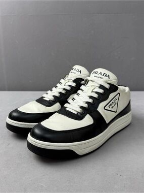 Prada White and Black Low-Top Leather Sneakers